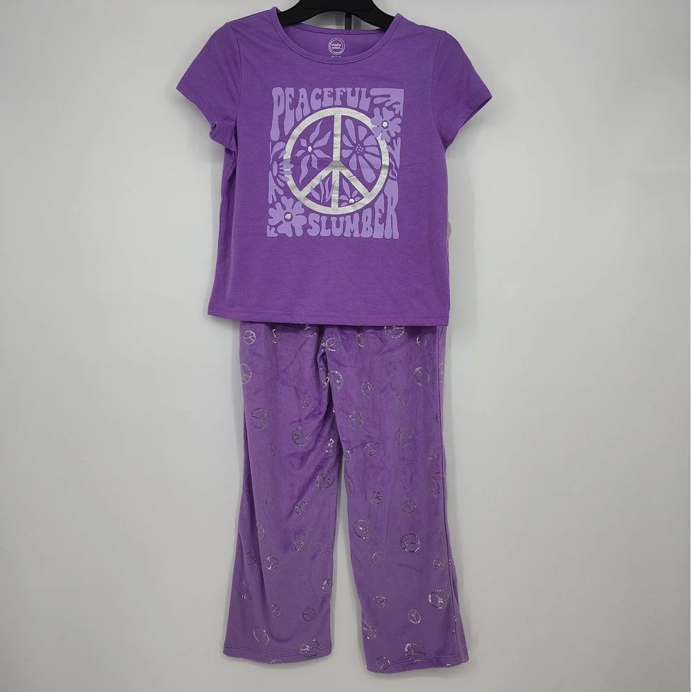 NWT Wonder Nation‎ Kids Girls Pajama Pants Set Size Medium 7-8 Purple Peace Sign